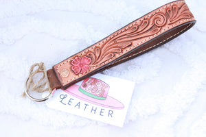 Pink Floral Hand Tooled Keychain